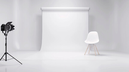 Professional photography studio setup with white background, chair, and lighting equipment