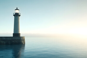 Lighthouse on a rocky island at dusk, casting a warm glow on the calm sea