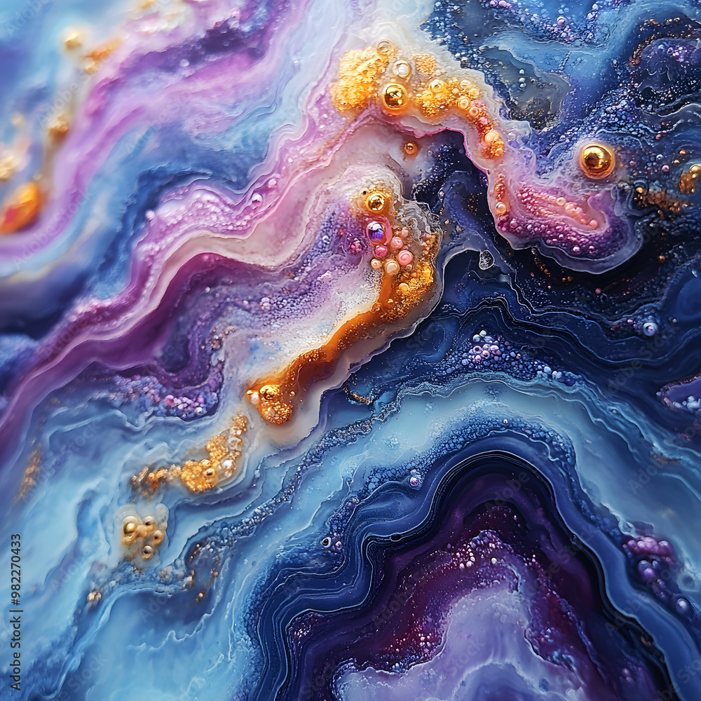 Poster shimmering, flowing, undulating liquid surface where smooth waves form a gradient of orange, purple 
