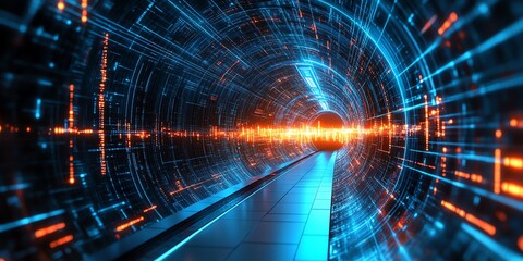 Futuristic digital tunnel with glowing lines and light streaks.