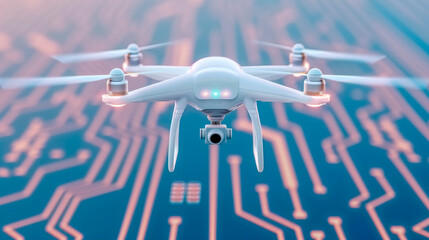 High-tech drone hovering over circuit board representing advanced technology