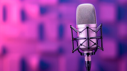 Professional silver microphone in recording studio with pink and purple lighting