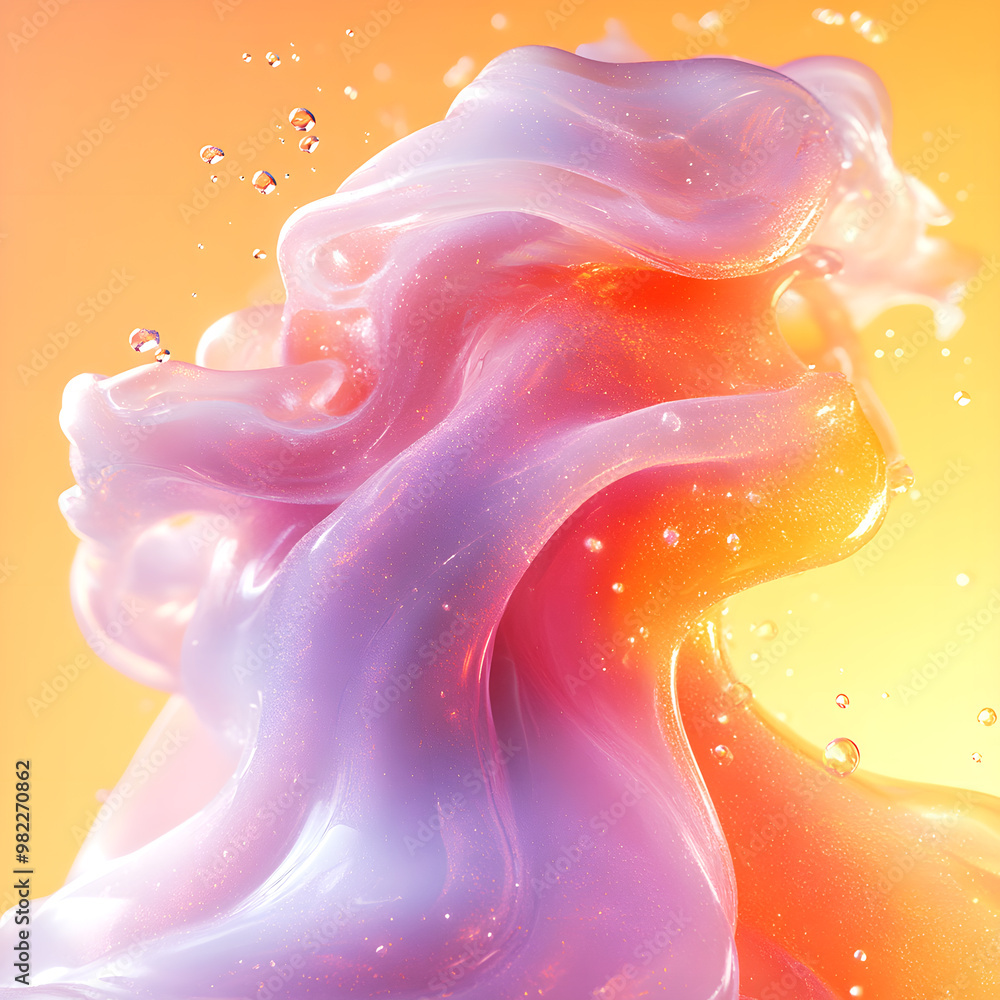 Leinwandbilder Translucent colorful flowing form in an abstract style where orange, pink and purple hues merge to create a shimmering flow on a light orange background. Light reflections add a sense of movement and 