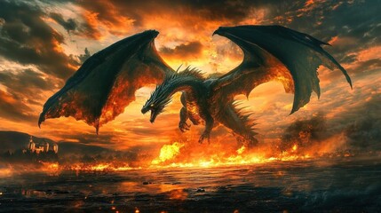 A fiery dragon with large wings flies above a burning city.