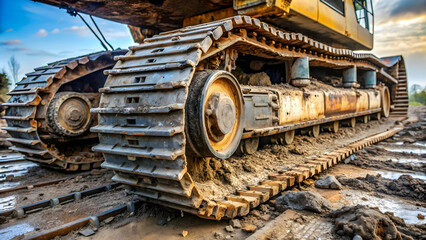 Fototapeta premium Dirty excavator undercarriage with tracks covered in mud and debris