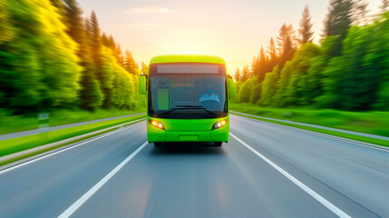 Fototapeta premium Green bus driving on a road through a forest at sunset