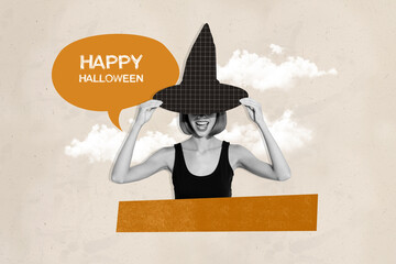 Composite photo collage of happy witch girl halloween black magic holiday celebration festive event...