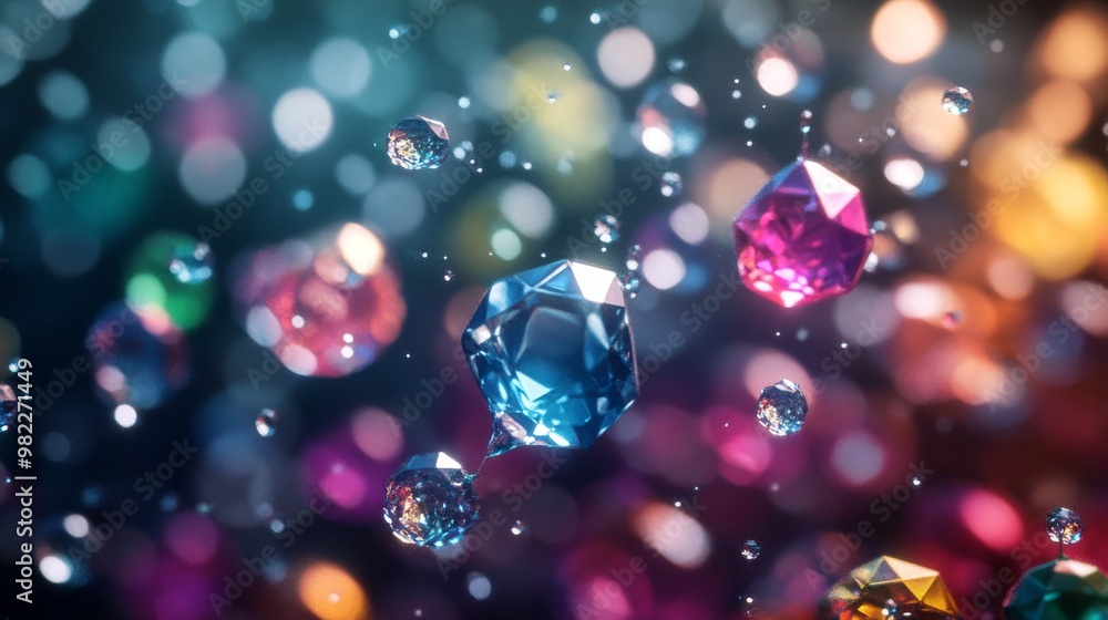 Poster multicolored gemstones floating in a blurred background