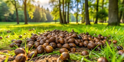 A single, vibrant patch of feces lies nestled in the lush grass, bathed in warm sunlight filtering through