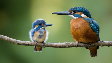 Fototapeta premium Adorable Baby Kingfisher with Parent on Riverside Branch in Soft Natural Light