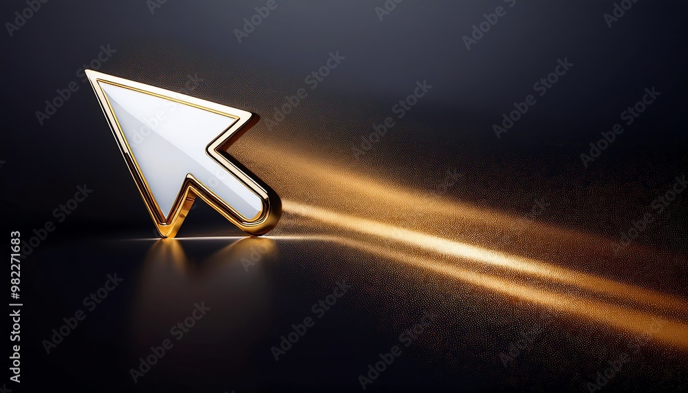 Poster a golden cursor arrow glides through a dark background, leaving a trail of shimmering particles, sym