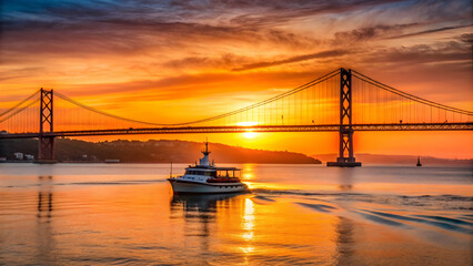 Fototapeta premium Sunset view of Tagus river with suspension bridge and boat in Lisbon, Portugal , Lisbon, Portugal, Tagus river