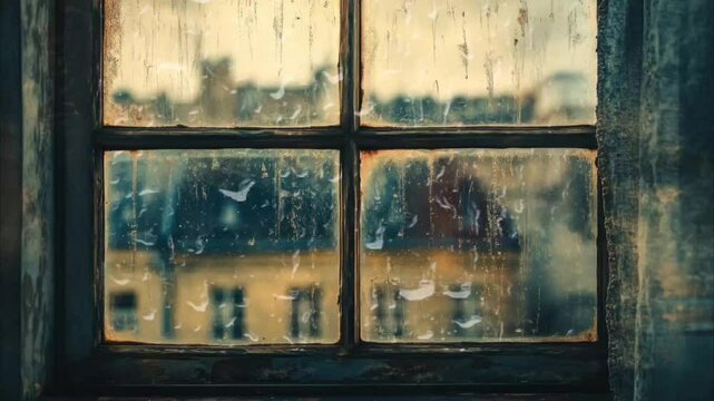 Rainy window view of a vintage cityscape through an old, fogged window. Seamless looping 4k time-lapse video background
