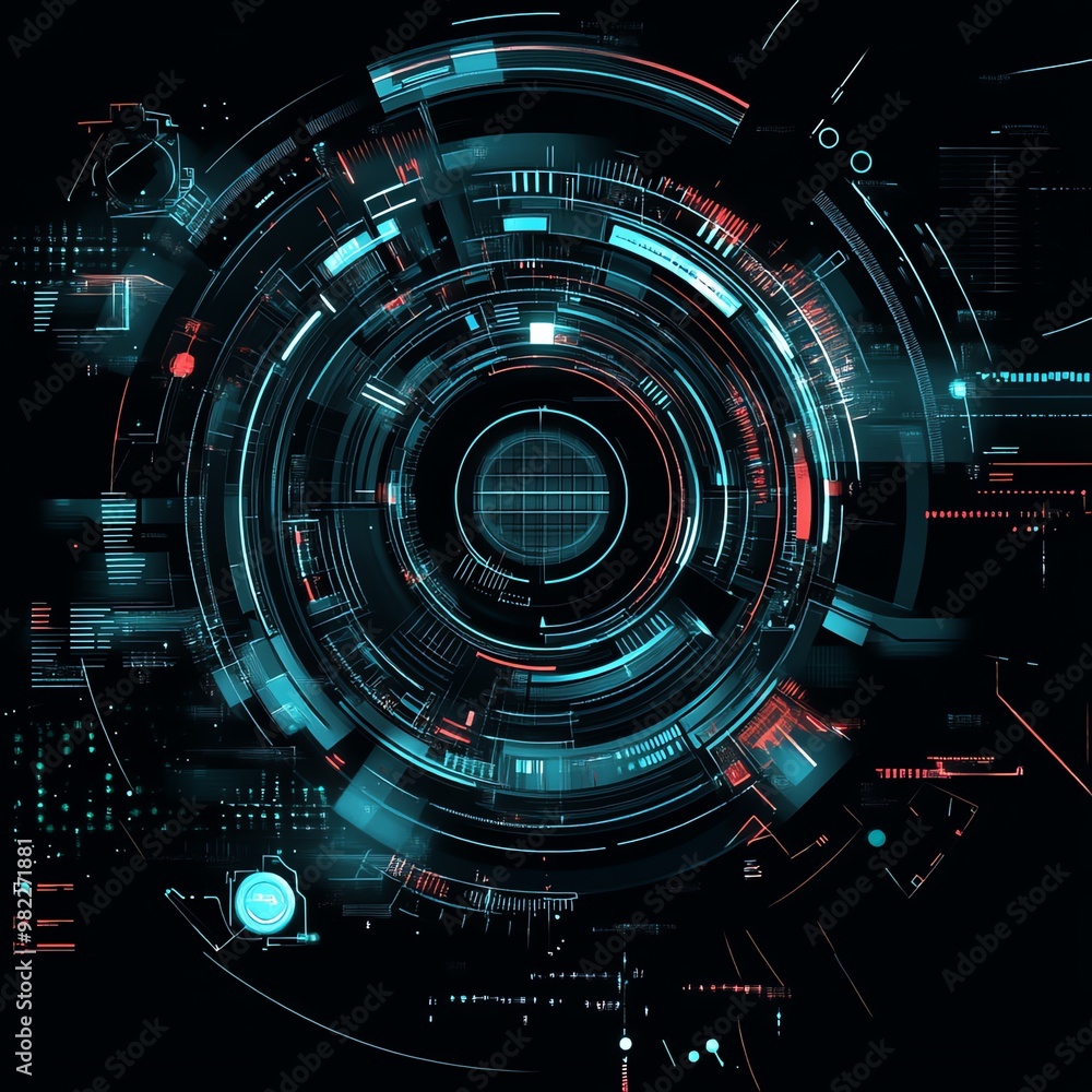 Poster futuristic hud interface with glowing blue and red lines in a circular pattern on a dark background.