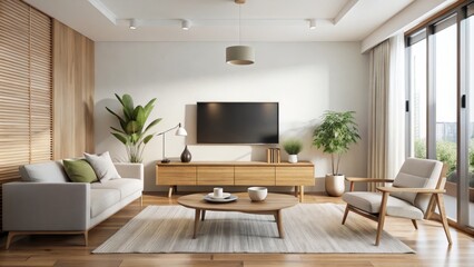 Fototapeta premium A sleek television sits atop a wooden accent wall, surrounded by crisp white panels and a calming atmosphere,