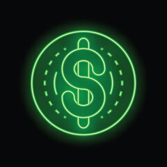 Green neon sign depicting a dollar coin, glowing brightly against a black background