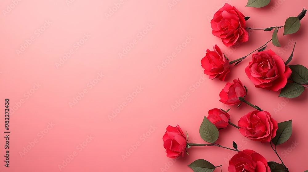 Sticker Paper cut red rose flowers of blooming branch in right corner on minimal pink background with empty copy space for text. Greeting card mock up banner 