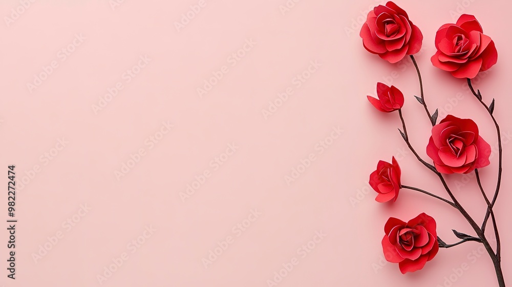 Poster paper cut red rose flowers of blooming branch in right corner on minimal pink background with empty 