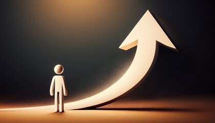 Obraz premium A figure stands before an upward arrow, symbolizing growth, aspiration, and progress against a dark background.