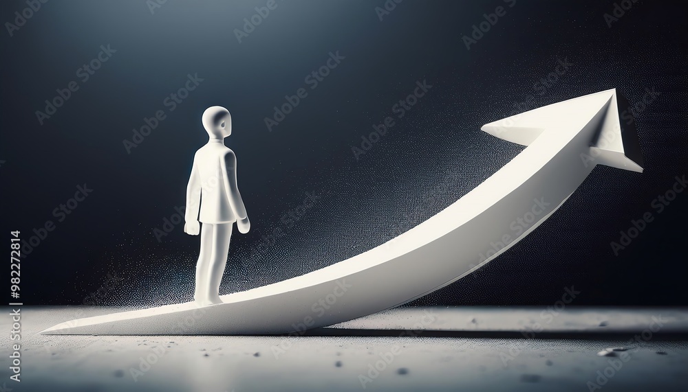 Poster a figure stands on a curved arrow, symbolizing growth and progress in a dynamic, abstract environmen