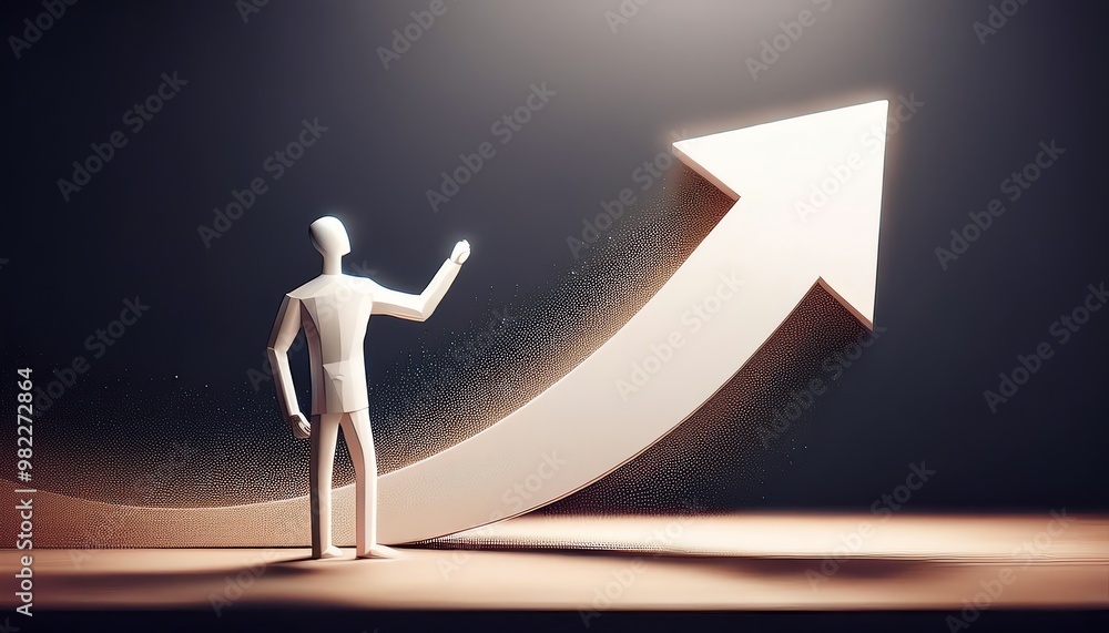 Poster a figure gestures toward a large upward arrow made of particles, symbolizing growth, progress, and a