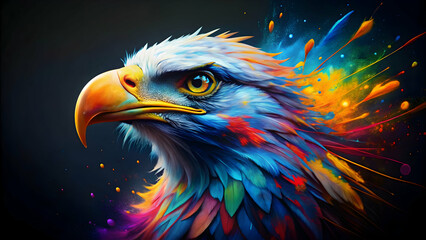 Colorful artistic eagle muzzle with bright paint splatters on dark background, eagle, muzzle, colorful