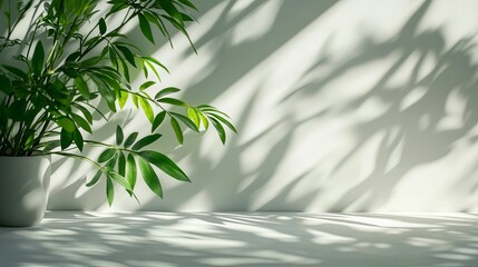 A potted plant with green leaves casting shadows on a white surface