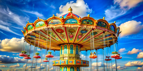 Colorful and vibrant of a carousel soaring through the sky, carousel, vibrant, vivid, colorful, flying, sky