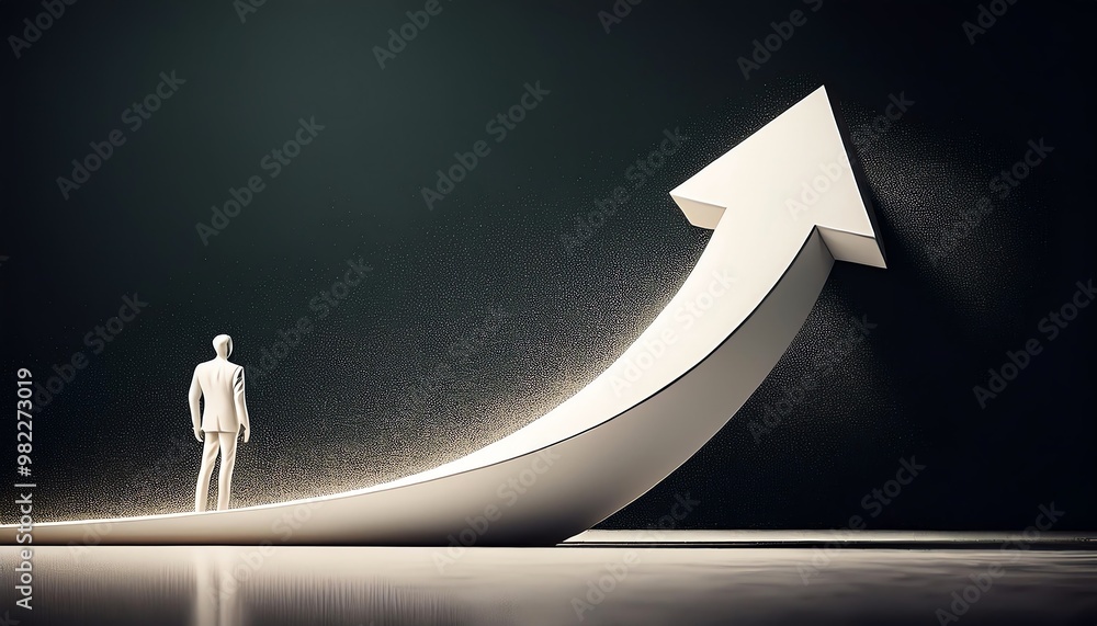 Poster a figure stands beside a rising arrow, symbolizing growth and progress in a minimalist and dynamic s