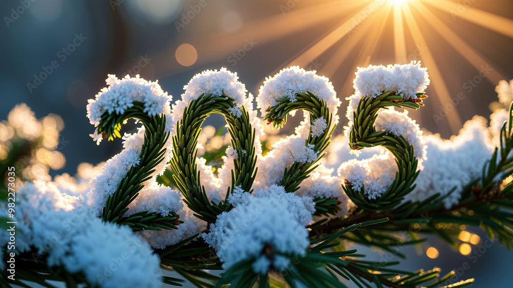 Poster freshly fallen snow blankets a pine branch, forming the numbers 2025 with sparkling sunlight filteri