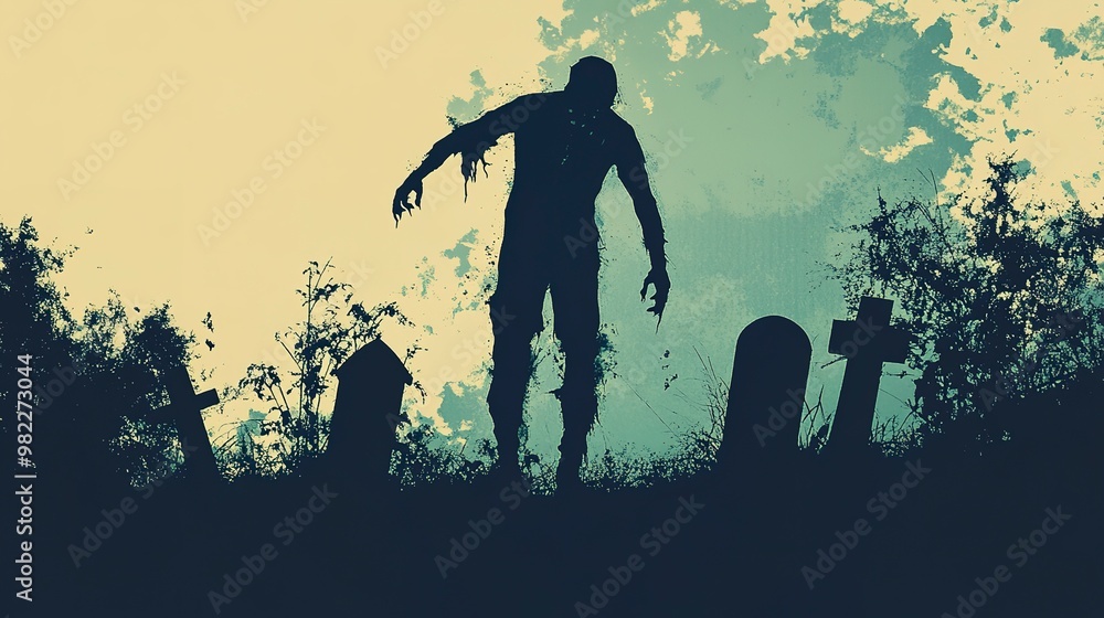 Sticker Silhouette of a ghoul rising from a grave, with a distinct shadow on a clean background, creating a vivid, high contrast scene 