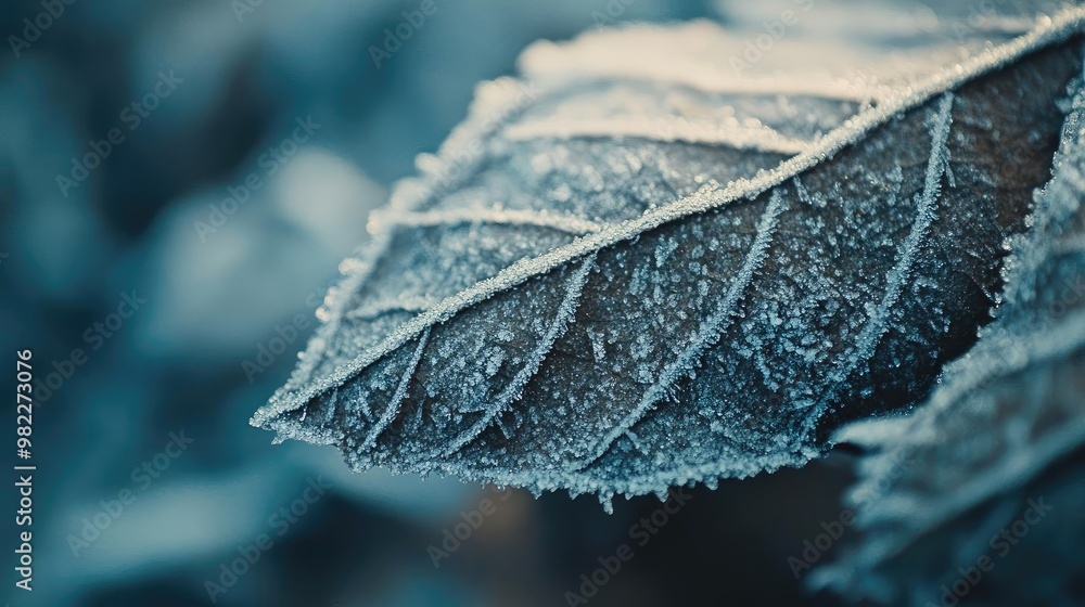 Poster close-up of a frosted leaf displaying intricate details and textures under a soft blue light, captur