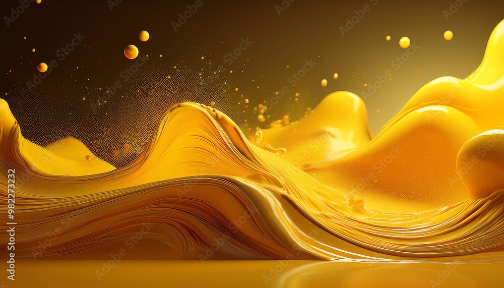Poster a vibrant, dynamic wave of golden textures with sparkling particles, creating a captivating and flui