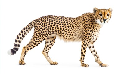 A Majestic Cheetah Walking Against a White Background