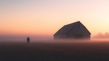 Solitary Figure in Foggy Field