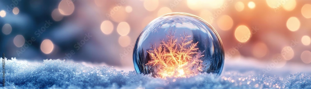 Poster a stunning close-up of a crystal snow globe capturing glowing lights and delicate frost patterns in 