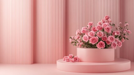 Fototapeta premium Elegant Floral Podium Background for Product Special Occasions A luxurious and modern stage set with beautiful pink roses,flowers,and a minimalist design perfect for showcasing products,gift ideas