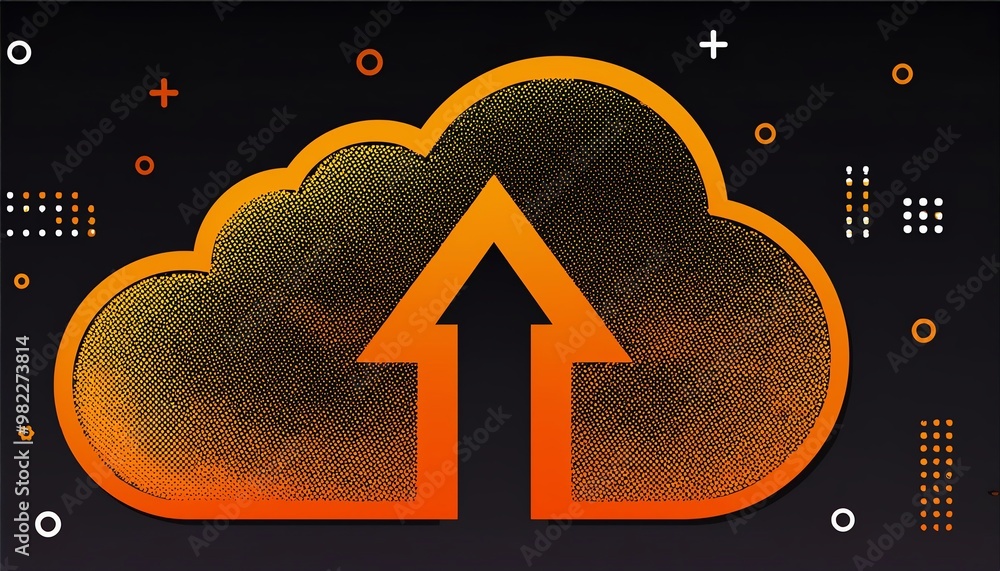 Poster an orange cloud symbol with an upward arrow on a dark background, representing cloud storage and dat