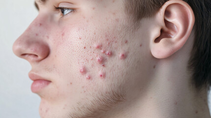 Closeup man face with red pimples, inflammation on face and problem skin. Acne, rosacea and couperose therapy. Facial treatment skincare routine and hygiene Cosmetic and beauty banner with copy space