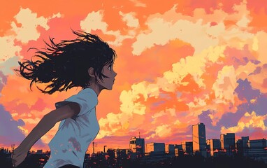 Anime-style illustration of an Asian girl with messy hair running towards the camera, a city skyline in the background, orange and pink clouds in the sky