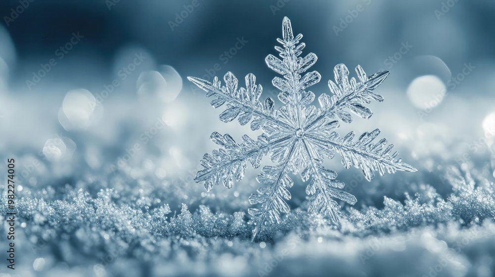 Poster A delicate winter snowflake resting softly on a frost-covered surface, showcasing intricate patterns and sparkling ice crystals.