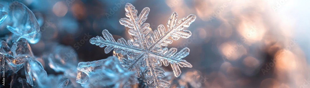 Poster Close-up of a delicate snowflake on a frosty surface, capturing its intricate details and unique structure in stunning clarity.