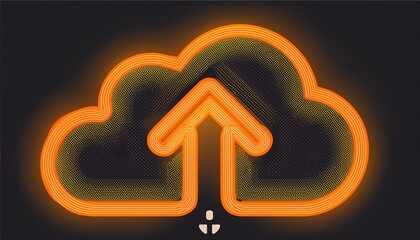 Digital cloud icon with an upward arrow, glowing in orange against a dark background, symbolizing data upload and cloud storage.