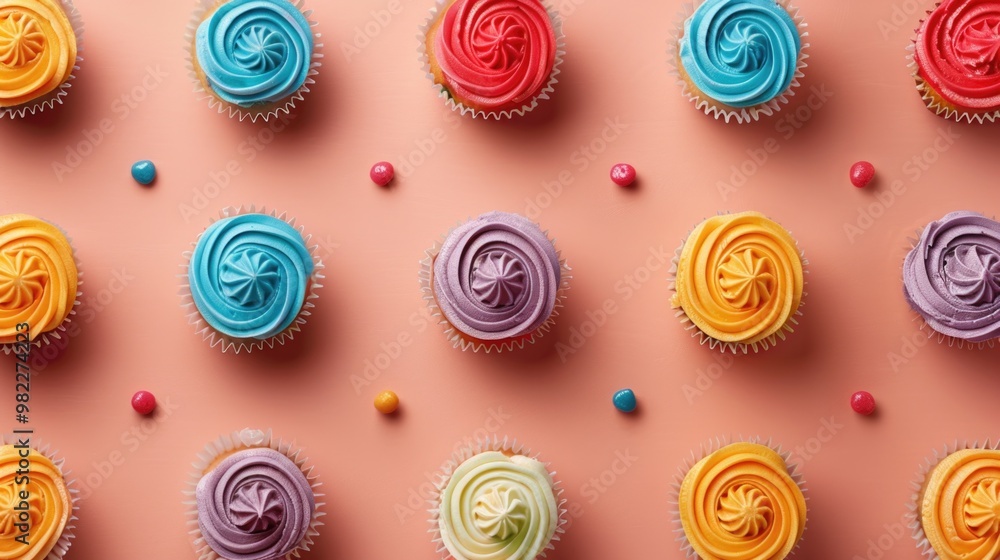 Aufkleber a row of colorful cupcakes with frosting and sprinkles on top. the cupcakes are arranged in a patter