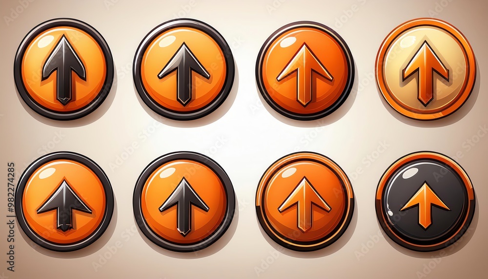 Poster a set of eight circular buttons featuring upward arrows in various shades of orange and black.
