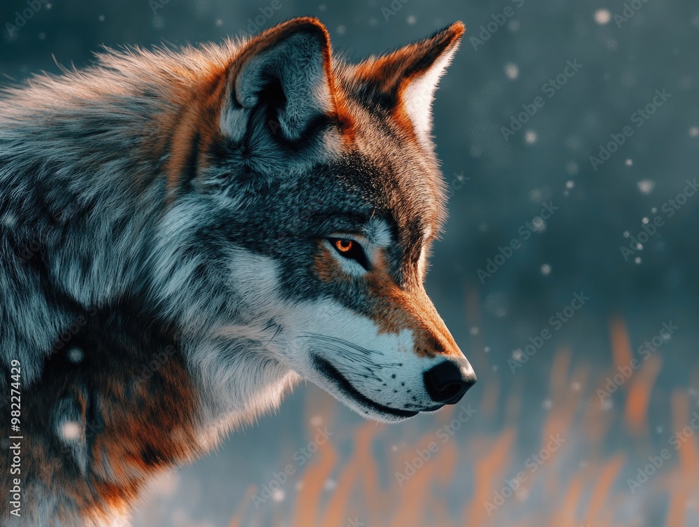 Poster a wolf is staring at the camera with its mouth open. the image has a moody and mysterious feel to it