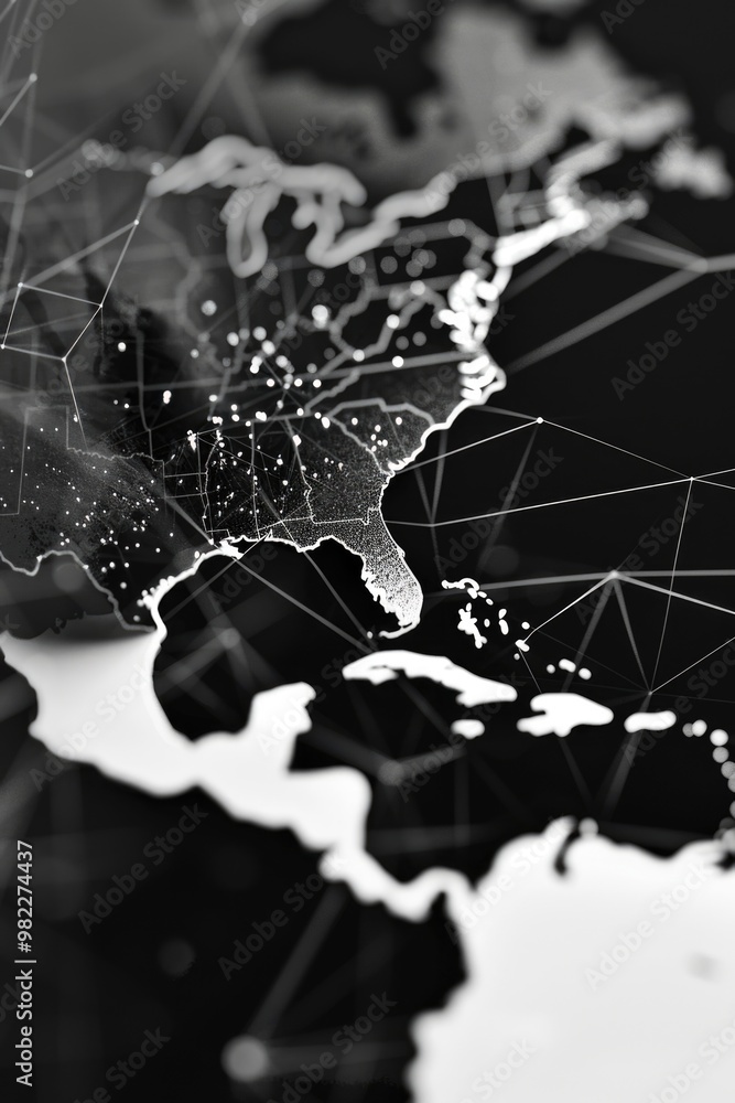 Poster a black and white image of the united states with a network of lines connecting the states. concept 