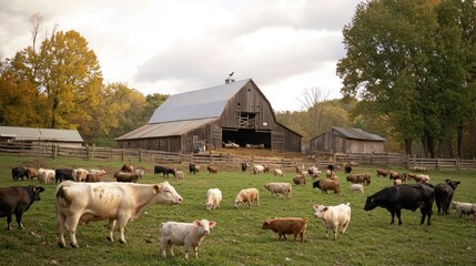 Cattle Grazing in a Rural Farm Setting