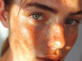 A woman with green eyes and red hair. She has a sunburn on her face. The sun is shining on her face, making her skin look red and irritated
