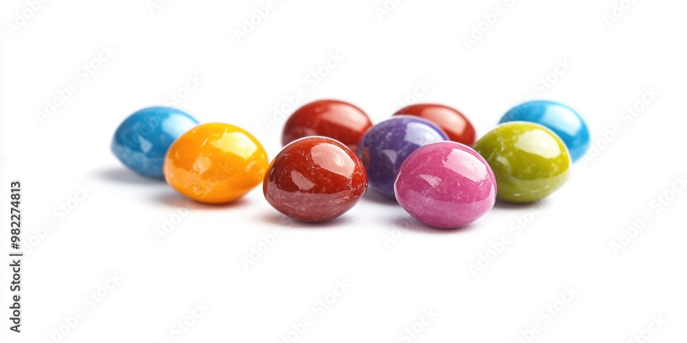 Aufkleber a row of colorful candy eggs are sitting on a white background. the eggs are of different colors and